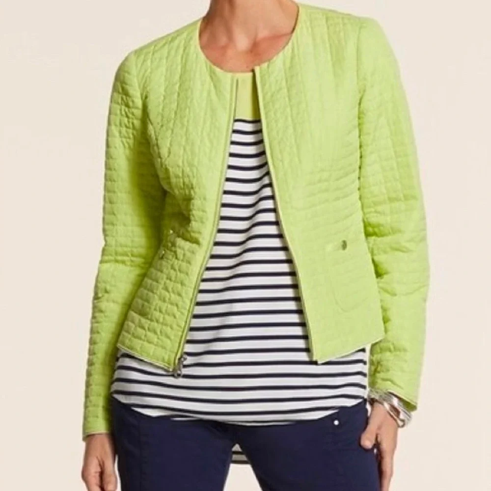 Chico's Quilted Jacket Womens 2 Large‎ Neon Lime Green Excellent Full Zip Pocket
